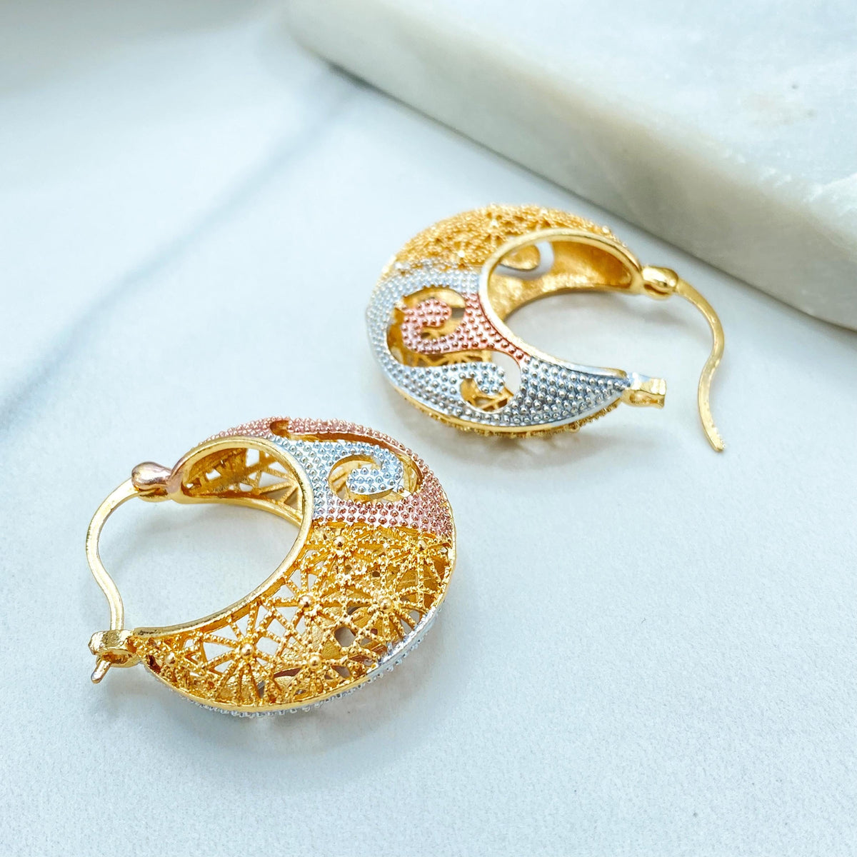 18k Gold Filled Three Tone Hoop Earrings, Textured Statement Design, Gift for Her, Wholesale Jewelry