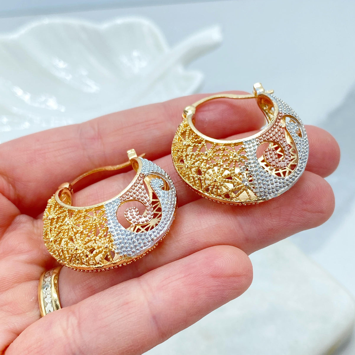18k Gold Filled Three Tone Hoop Earrings, Textured Statement Design, Gift for Her, Wholesale Jewelry