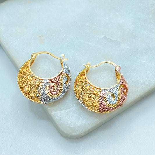 18k Gold Filled Three Tone Hoop Earrings, Textured Statement Design, Gift for Her, Wholesale Jewelry
