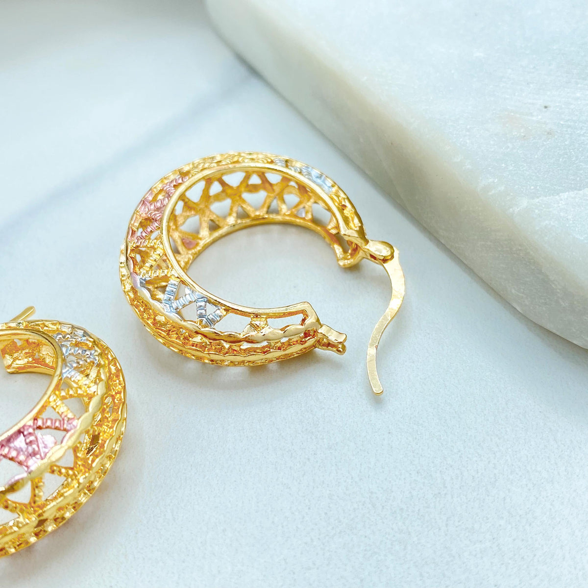 18k Gold Filled Filigree Hoop Earrings, Three Tone Openwork Design, Gift for Her, Wholesale Jewelry