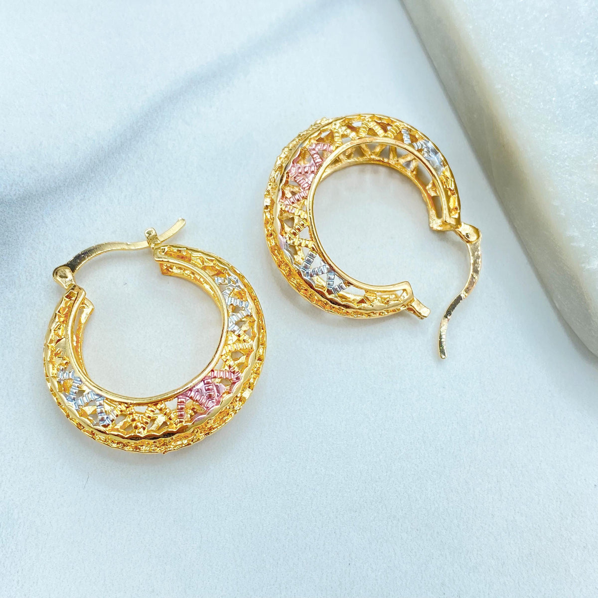 18k Gold Filled Filigree Hoop Earrings, Three Tone Openwork Design, Gift for Her, Wholesale Jewelry