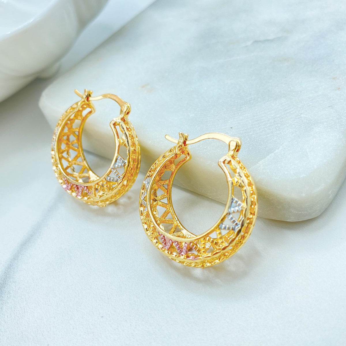 18k Gold Filled Filigree Hoop Earrings, Three Tone Openwork Design, Gift for Her, Wholesale Jewelry