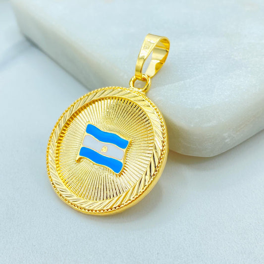 18k Gold Filled Argentina Flag Pendant, Enamel Round Coin Charm
