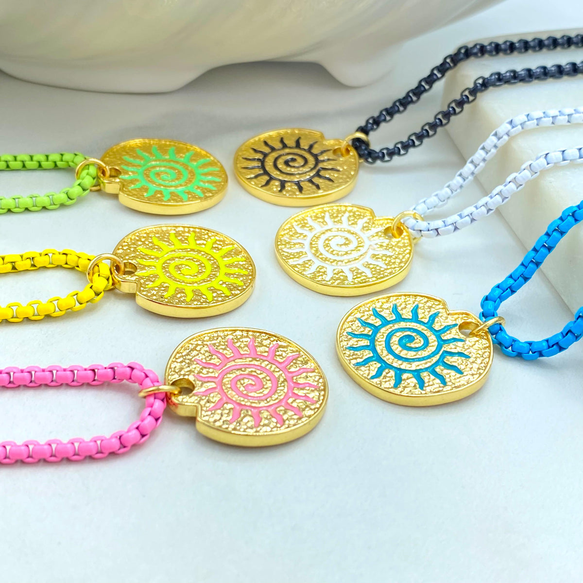Enamel Box Chain Necklace with Gold Charm, Colorful Pendant Necklace