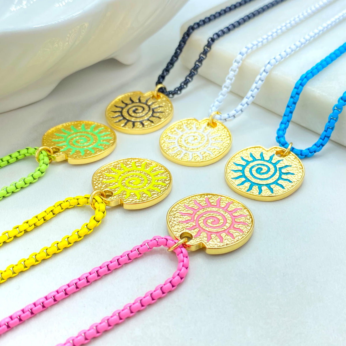 Enamel Box Chain Necklace with Gold Charm, Colorful Pendant Necklace