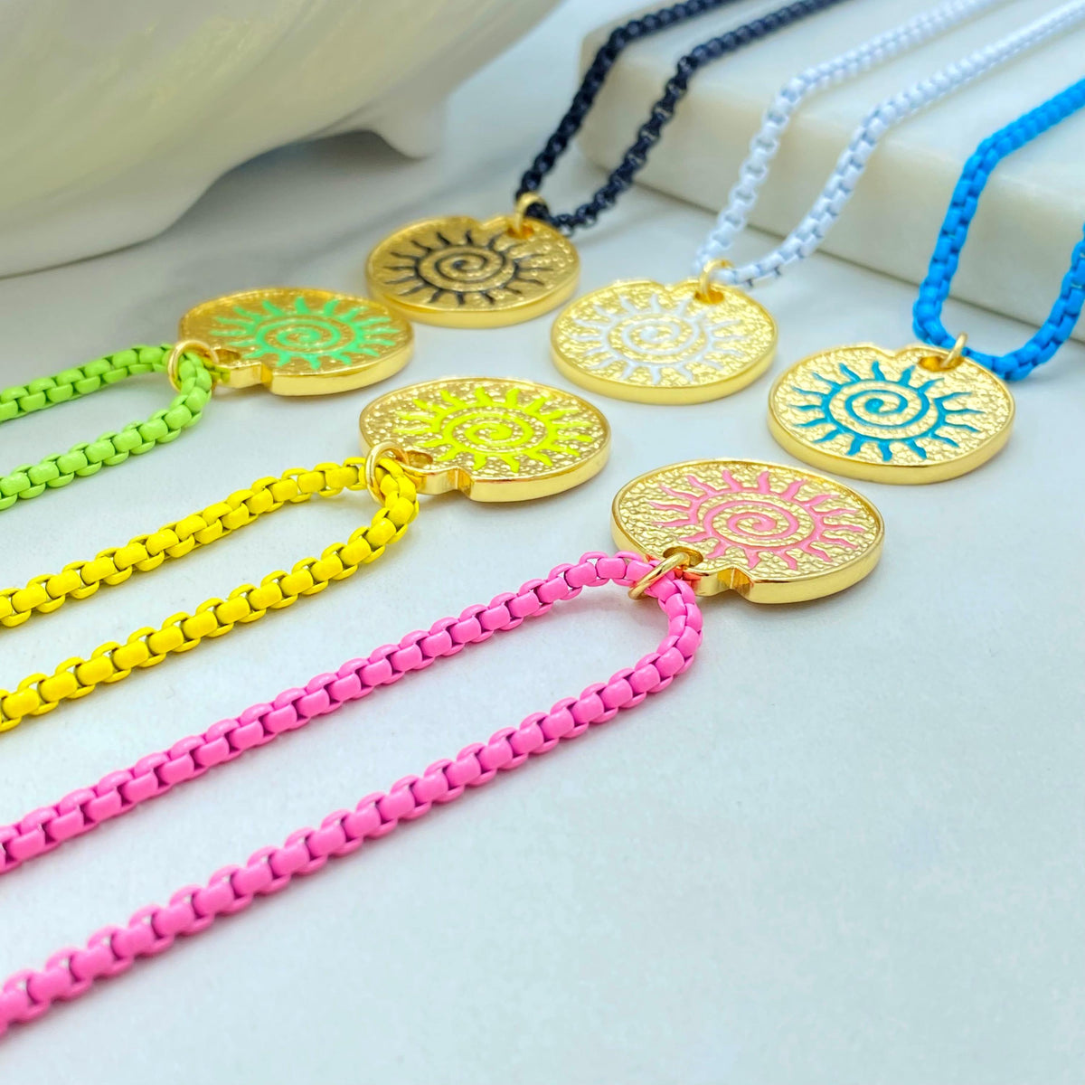 Enamel Box Chain Necklace with Gold Charm, Colorful Pendant Necklace