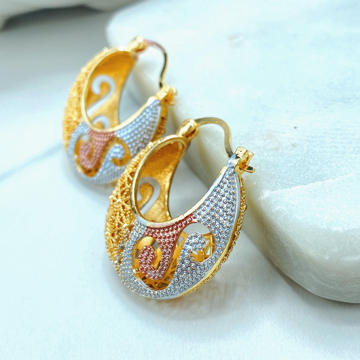18k Gold Filled Three Tone Hoop Earrings, Textured Statement Design, Gift for Her, Wholesale Jewelry