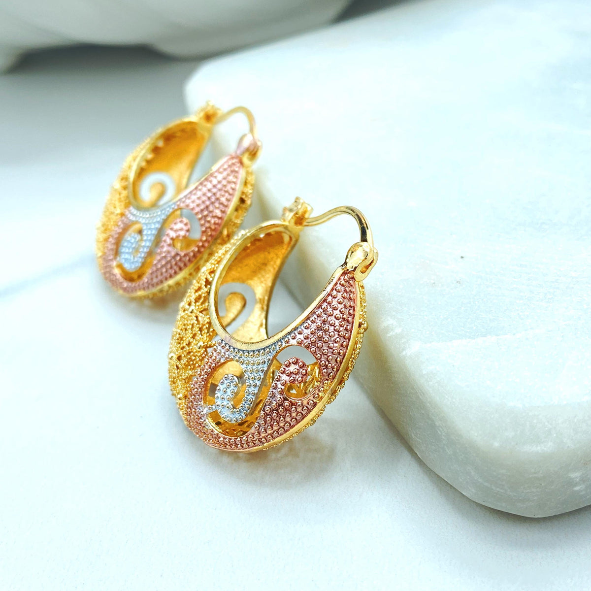 18k Gold Filled Three Tone Hoop Earrings, Textured Statement Design, Gift for Her, Wholesale Jewelry