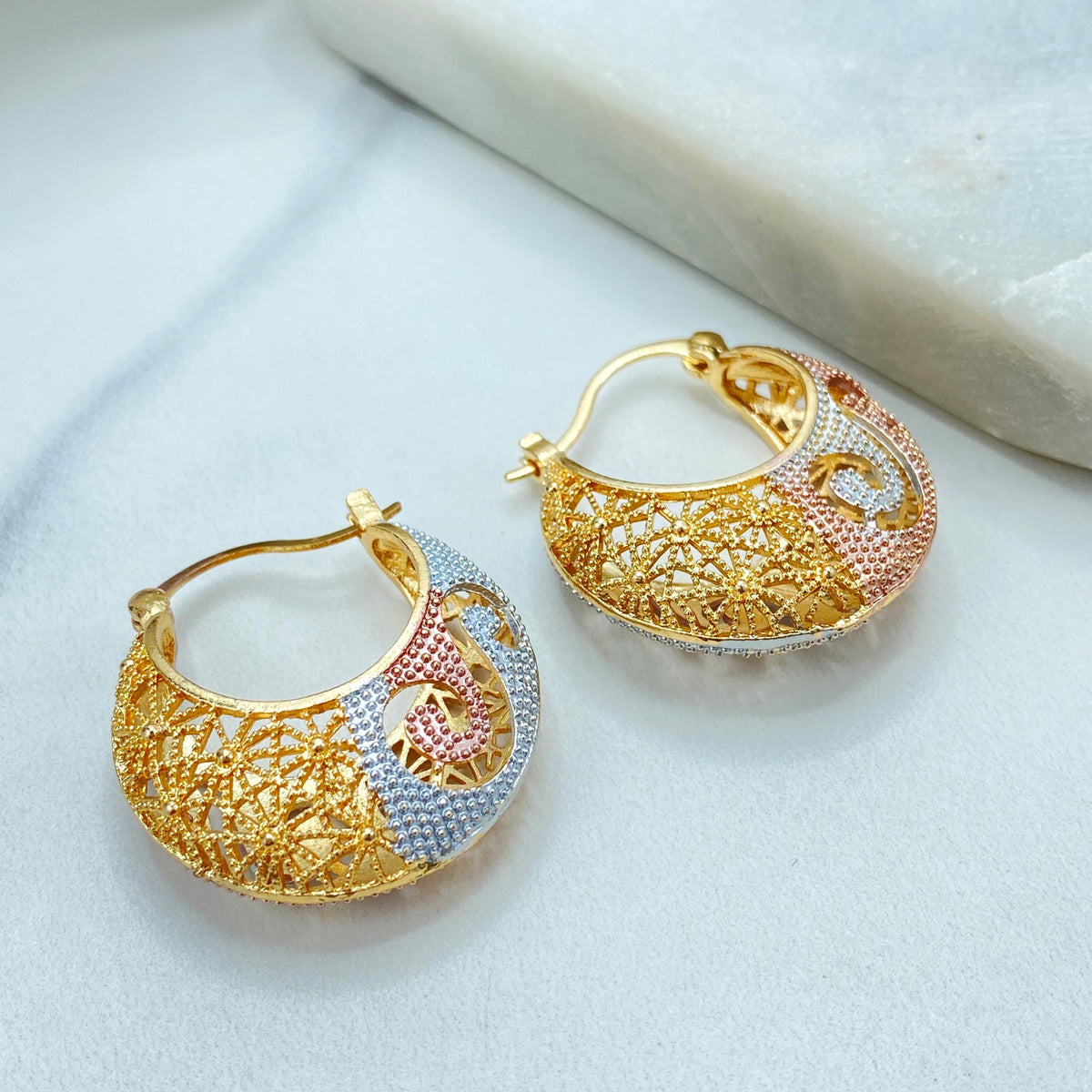18k Gold Filled Three Tone Hoop Earrings, Textured Statement Design, Gift for Her, Wholesale Jewelry