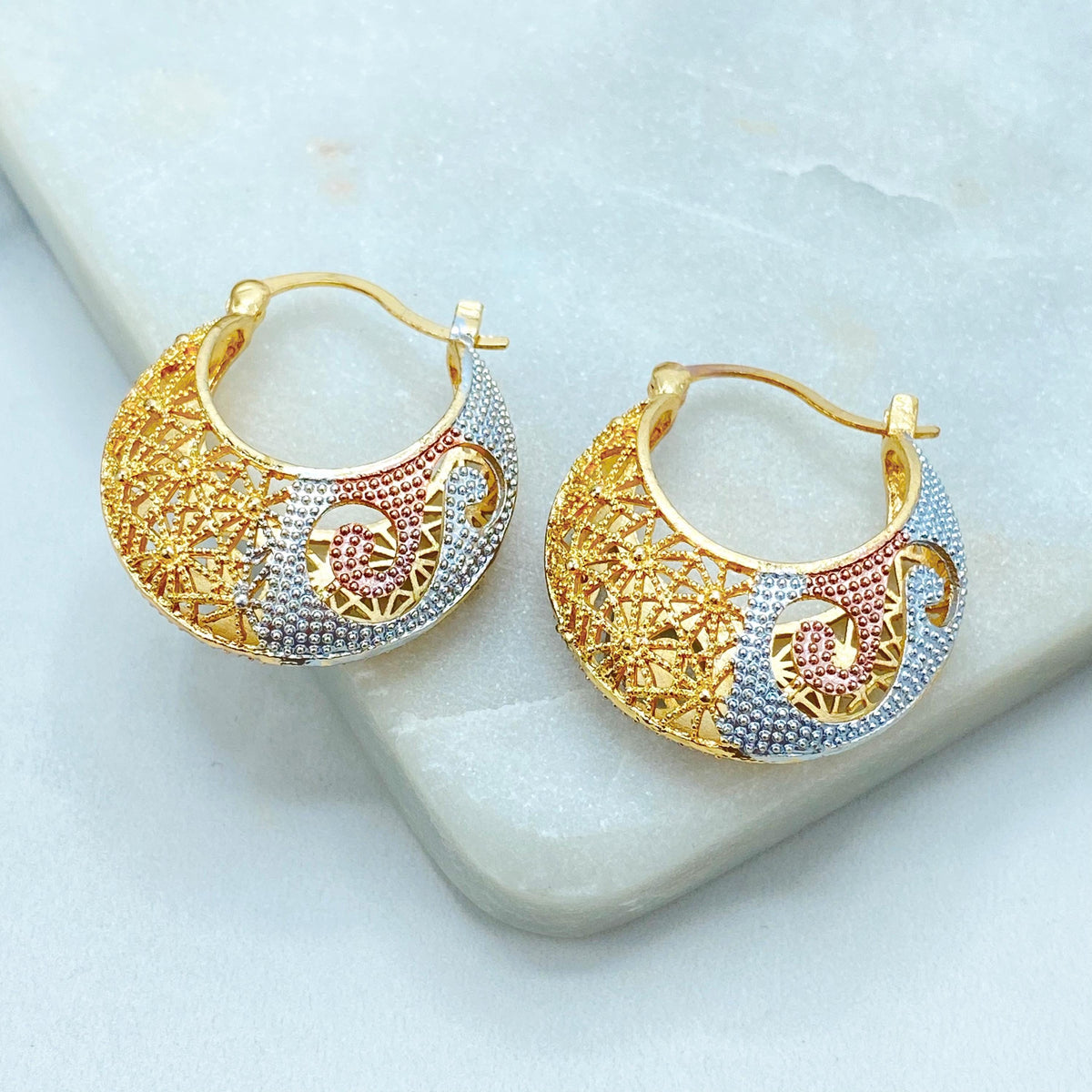 18k Gold Filled Three Tone Hoop Earrings, Textured Statement Design, Gift for Her, Wholesale Jewelry