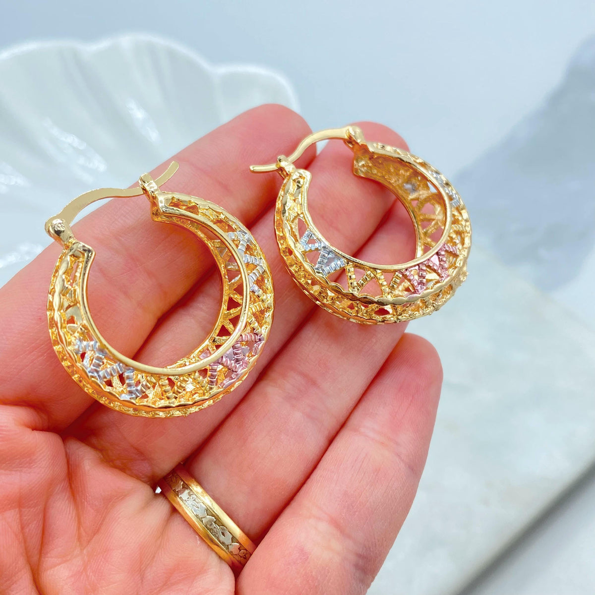 18k Gold Filled Filigree Hoop Earrings, Three Tone Openwork Design, Gift for Her, Wholesale Jewelry