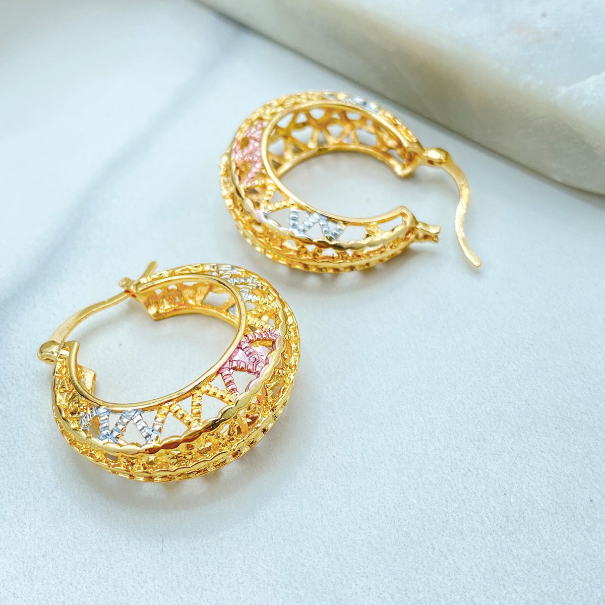 18k Gold Filled Filigree Hoop Earrings, Three Tone Openwork Design, Gift for Her, Wholesale Jewelry