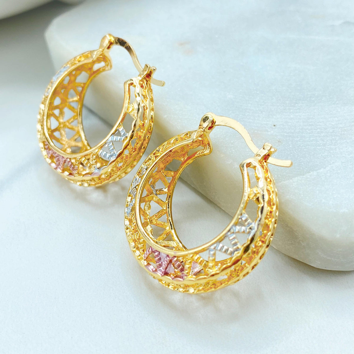 18k Gold Filled Filigree Hoop Earrings, Three Tone Openwork Design, Gift for Her, Wholesale Jewelry