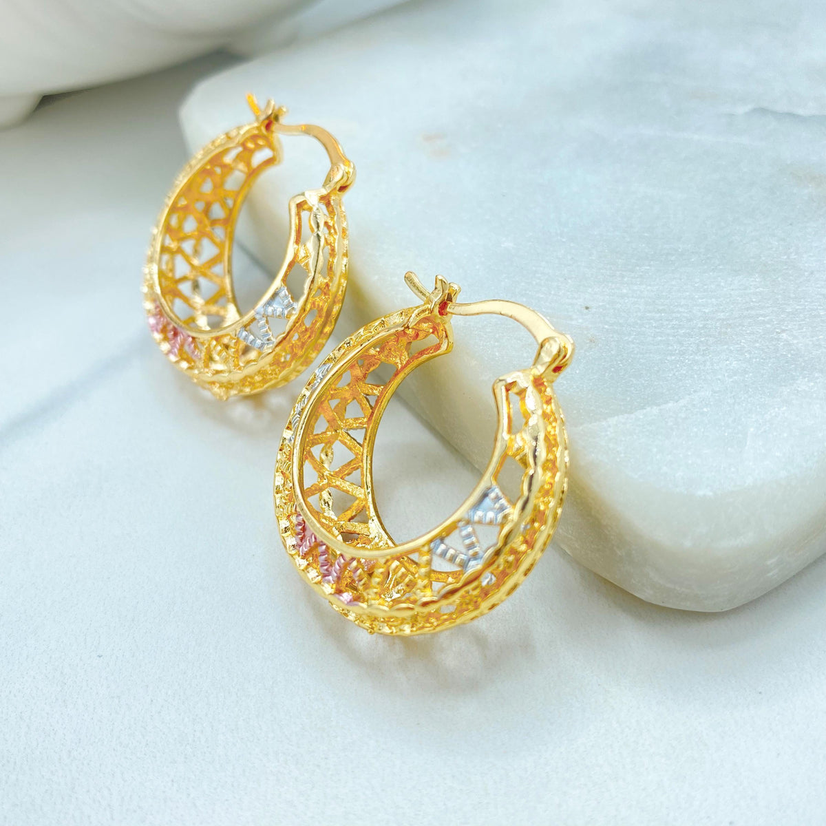 18k Gold Filled Filigree Hoop Earrings, Three Tone Openwork Design, Gift for Her, Wholesale Jewelry