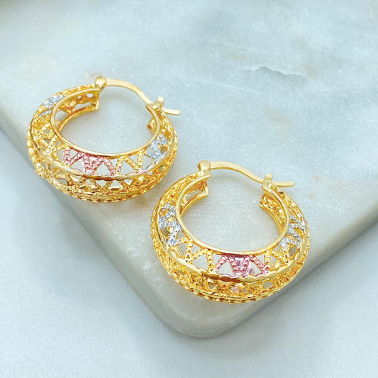 18k Gold Filled Filigree Hoop Earrings, Three Tone Openwork Design, Gift for Her, Wholesale Jewelry