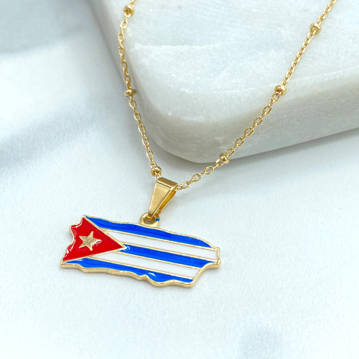 18K Gold Filled Cuba Map Pendant, Enamel Cuban Flag Island Charm