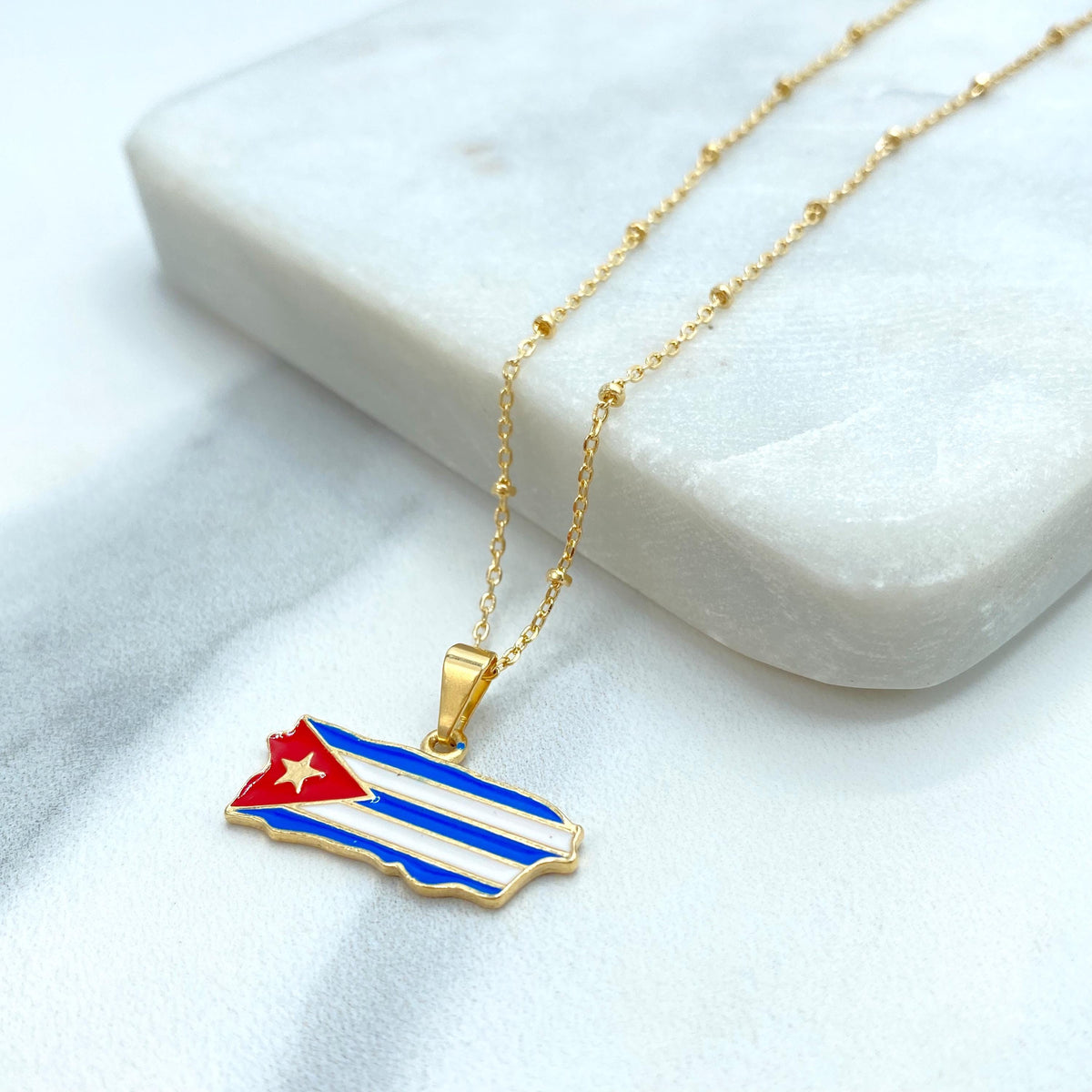 18K Gold Filled Cuba Map Pendant, Enamel Cuban Flag Island Charm