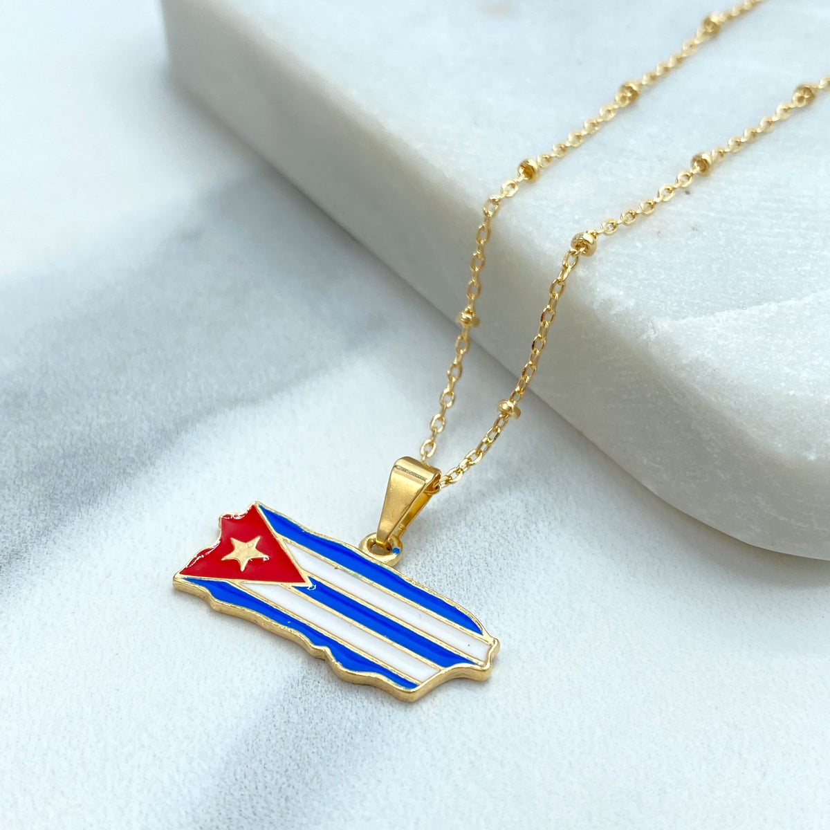 18K Gold Filled Cuba Map Pendant, Enamel Cuban Flag Island Charm