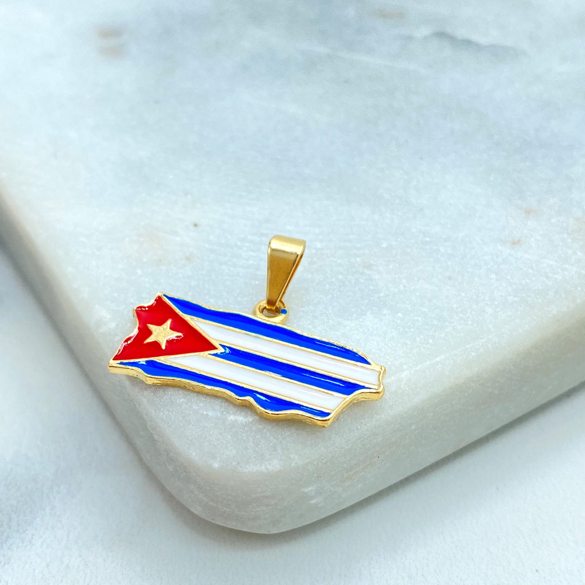 18K Gold Filled Cuba Map Pendant, Enamel Cuban Flag Island Charm