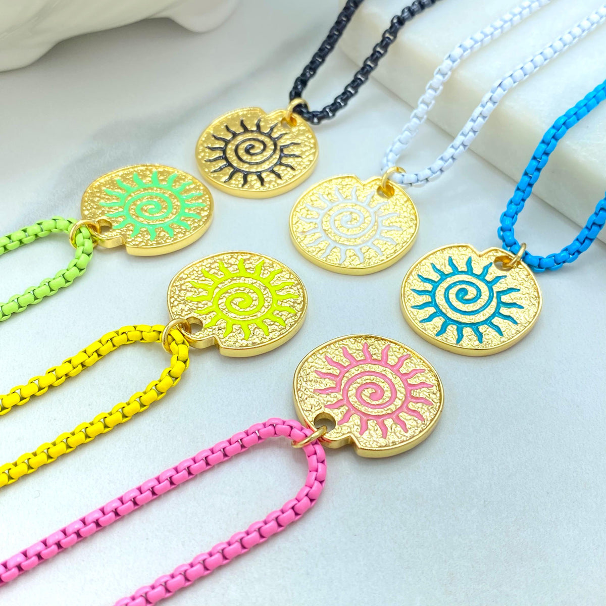 Enamel Box Chain Necklace with Gold Charm, Colorful Pendant Necklace