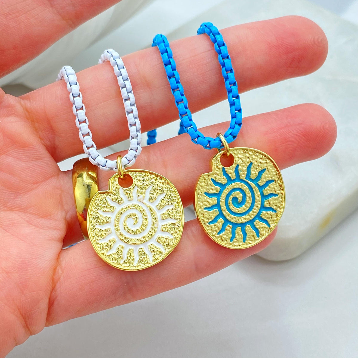Enamel Box Chain Necklace with Gold Charm, Colorful Pendant Necklace