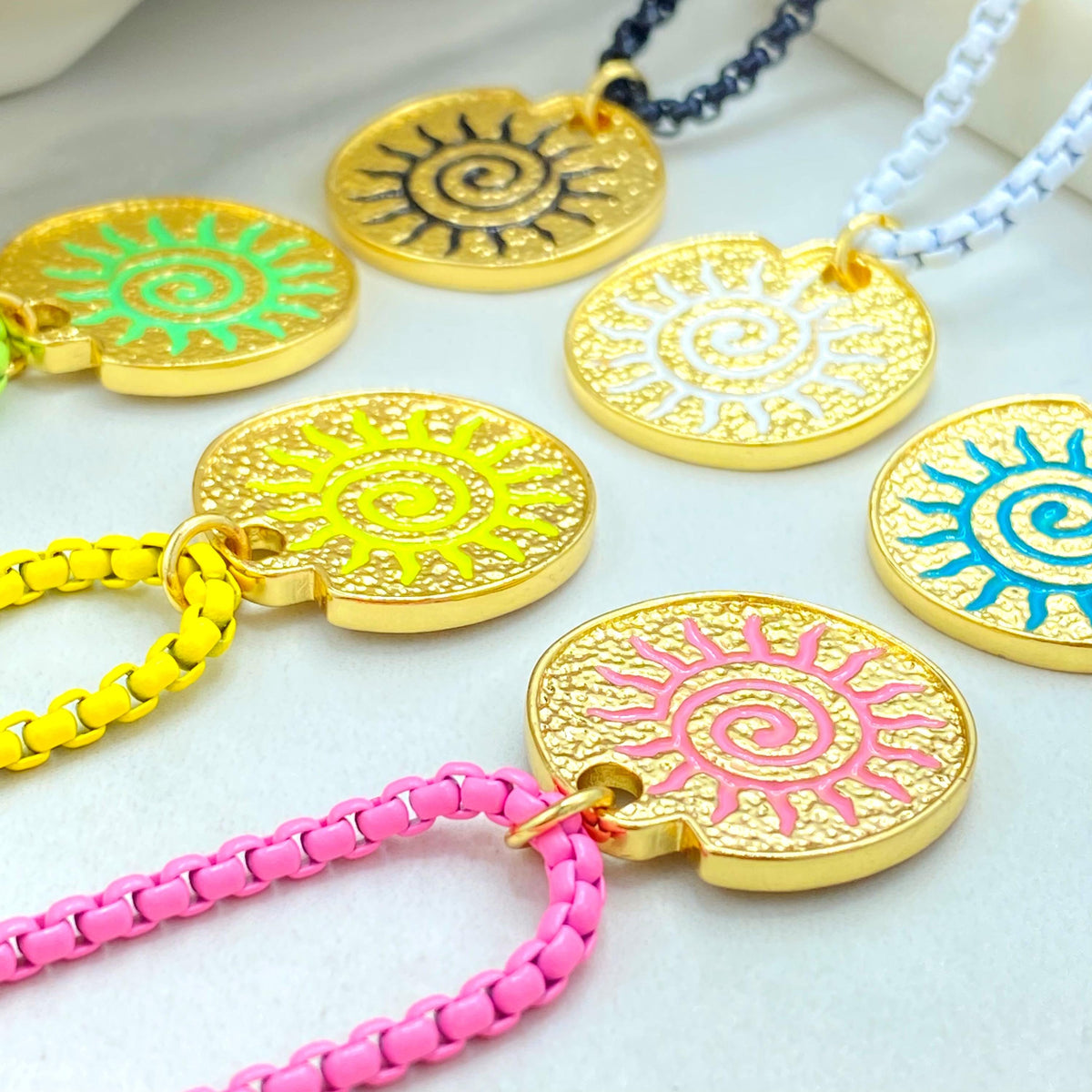 Enamel Box Chain Necklace with Gold Charm, Colorful Pendant Necklace