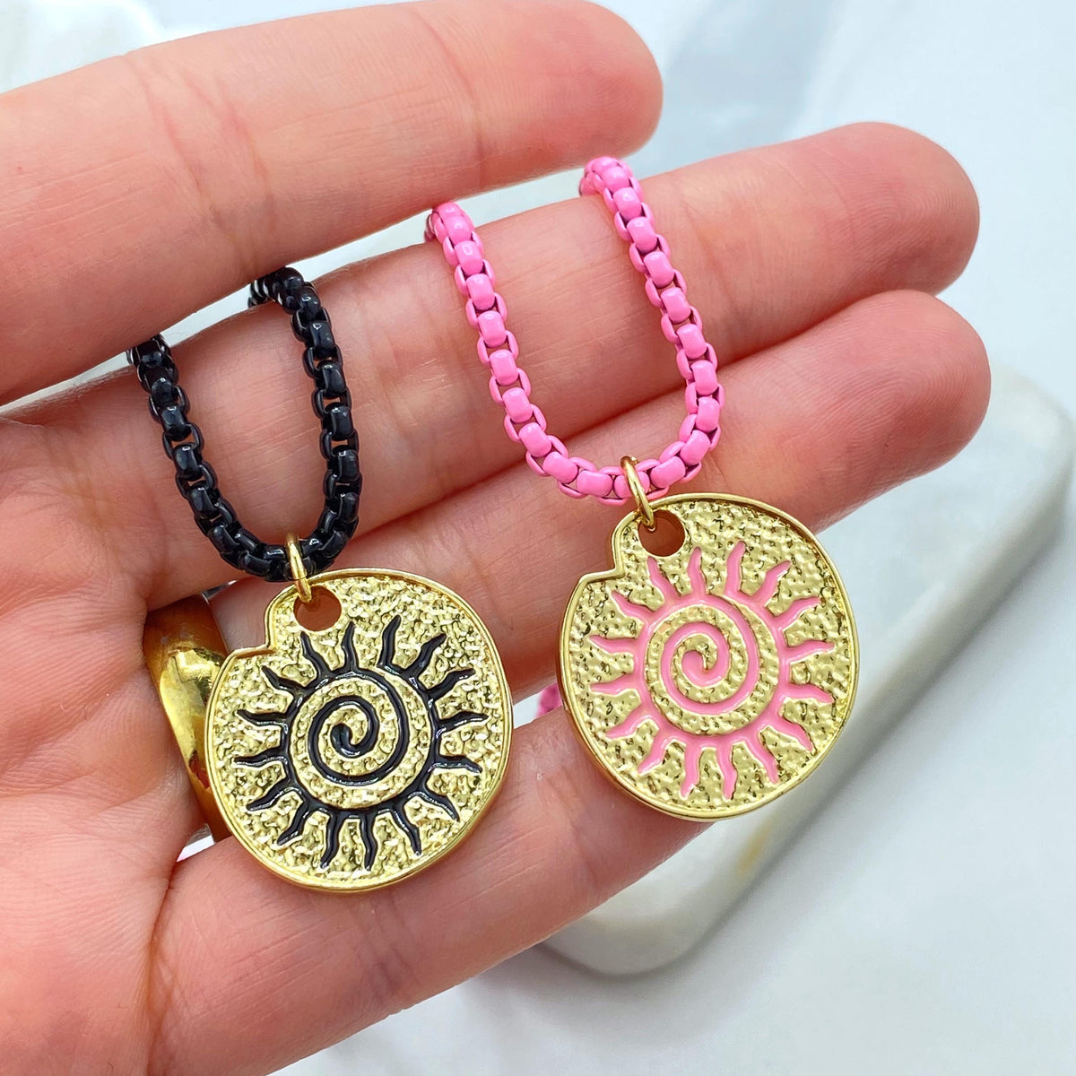 Enamel Box Chain Necklace with Gold Charm, Colorful Pendant Necklace