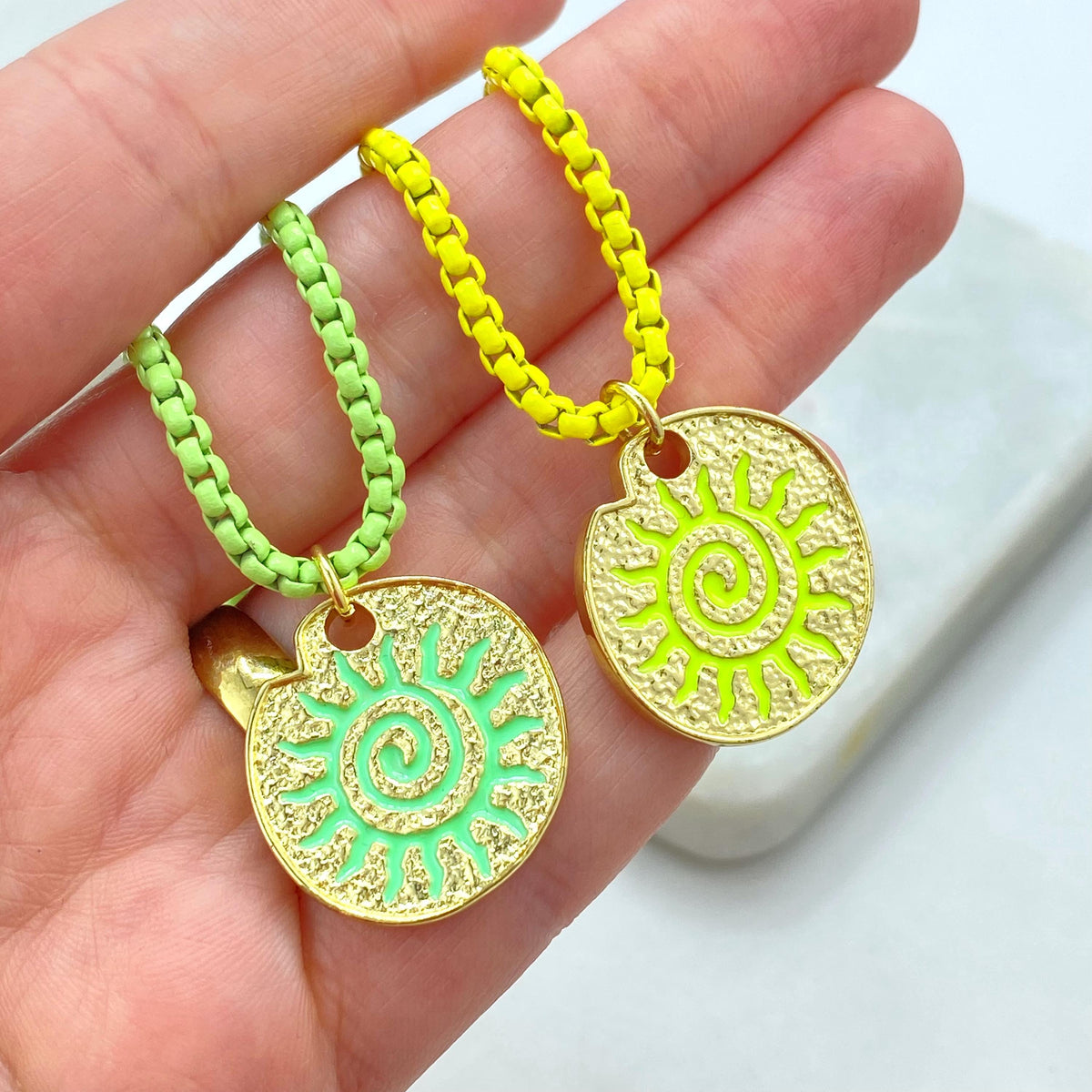 Enamel Box Chain Necklace with Gold Charm, Colorful Pendant Necklace