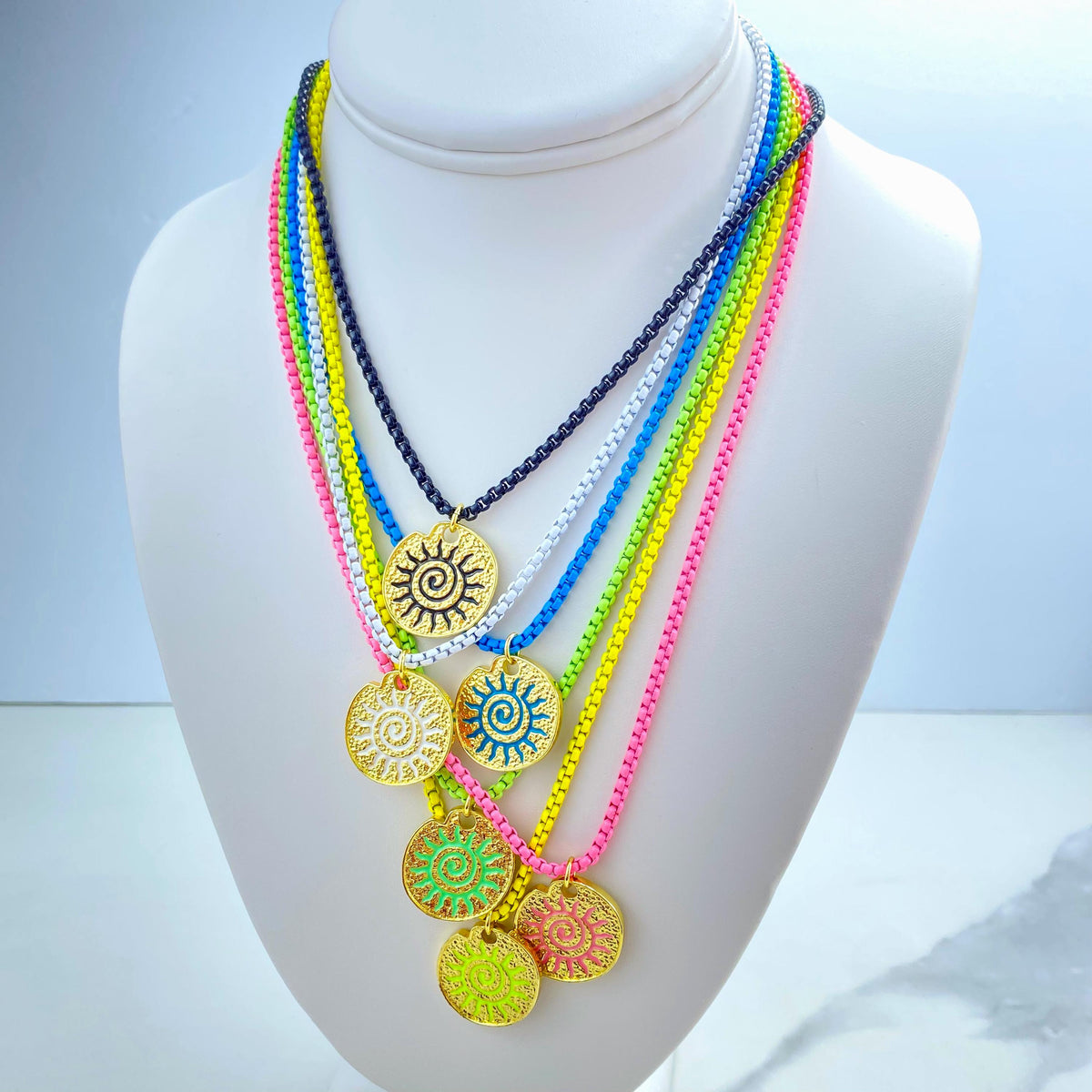 Enamel Box Chain Necklace with Gold Charm, Colorful Pendant Necklace