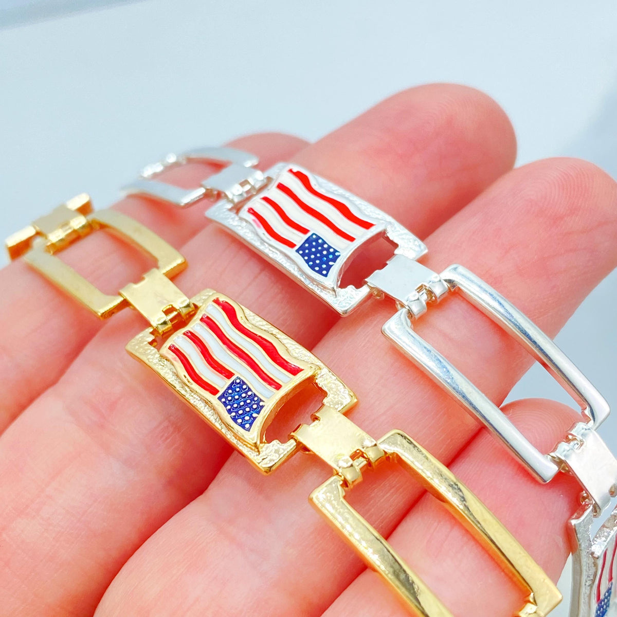 18K Gold Filled American Flag Link Bracelet, Enamel USA Rectangular