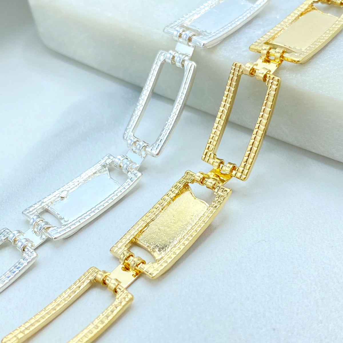 18K Gold Filled American Flag Link Bracelet, Enamel USA Rectangular