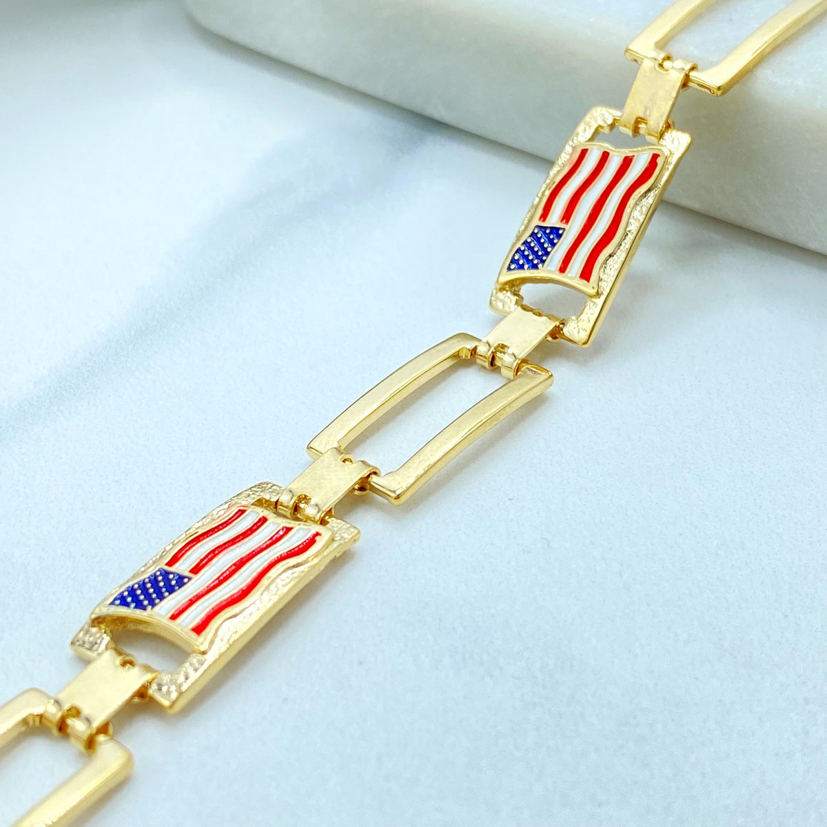 18K Gold Filled American Flag Link Bracelet, Enamel USA Rectangular