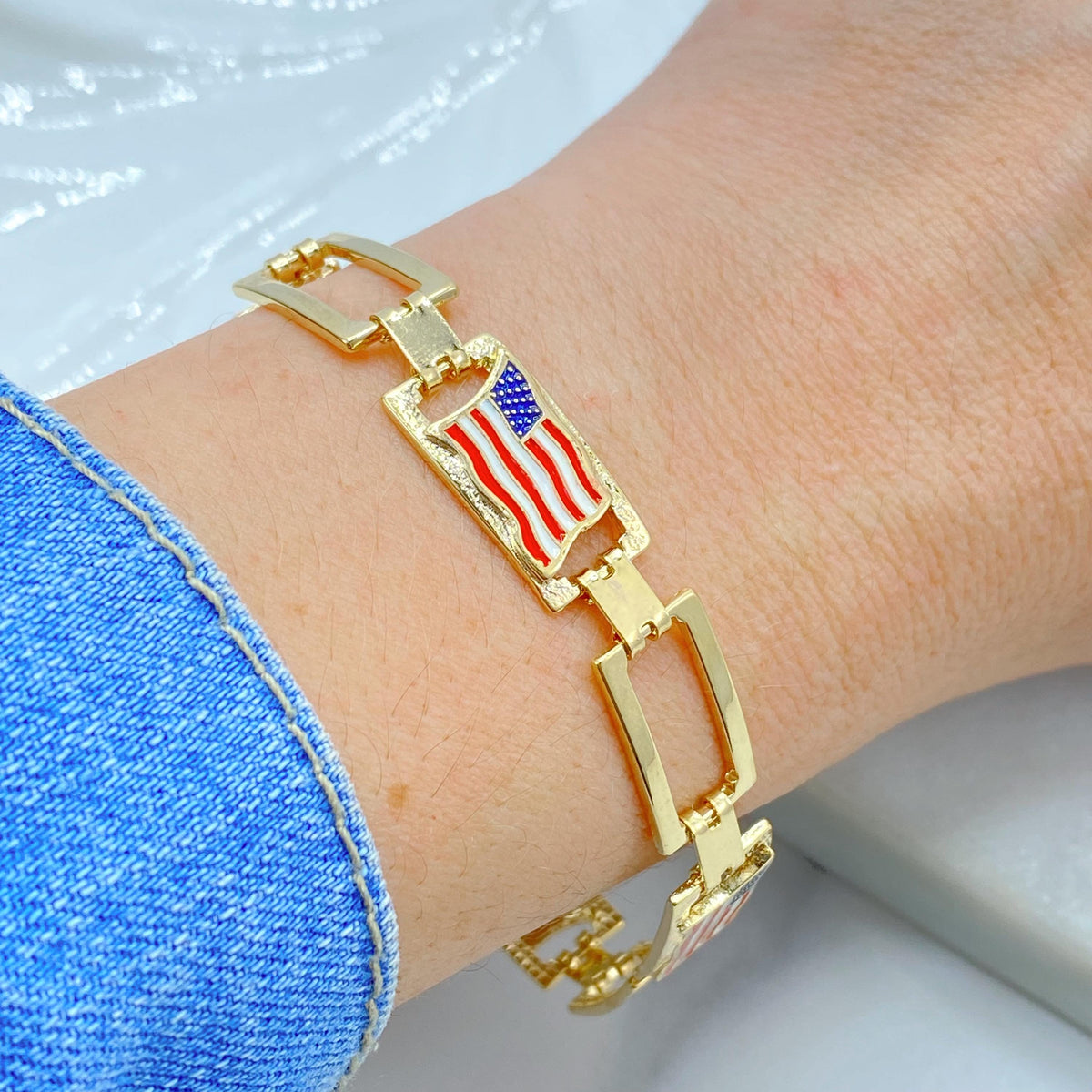 18K Gold Filled American Flag Link Bracelet, Enamel USA Rectangular