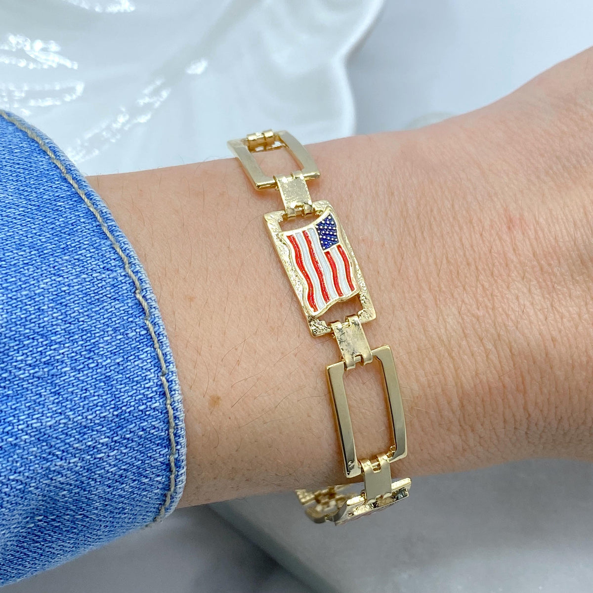 18K Gold Filled American Flag Link Bracelet, Enamel USA Rectangular