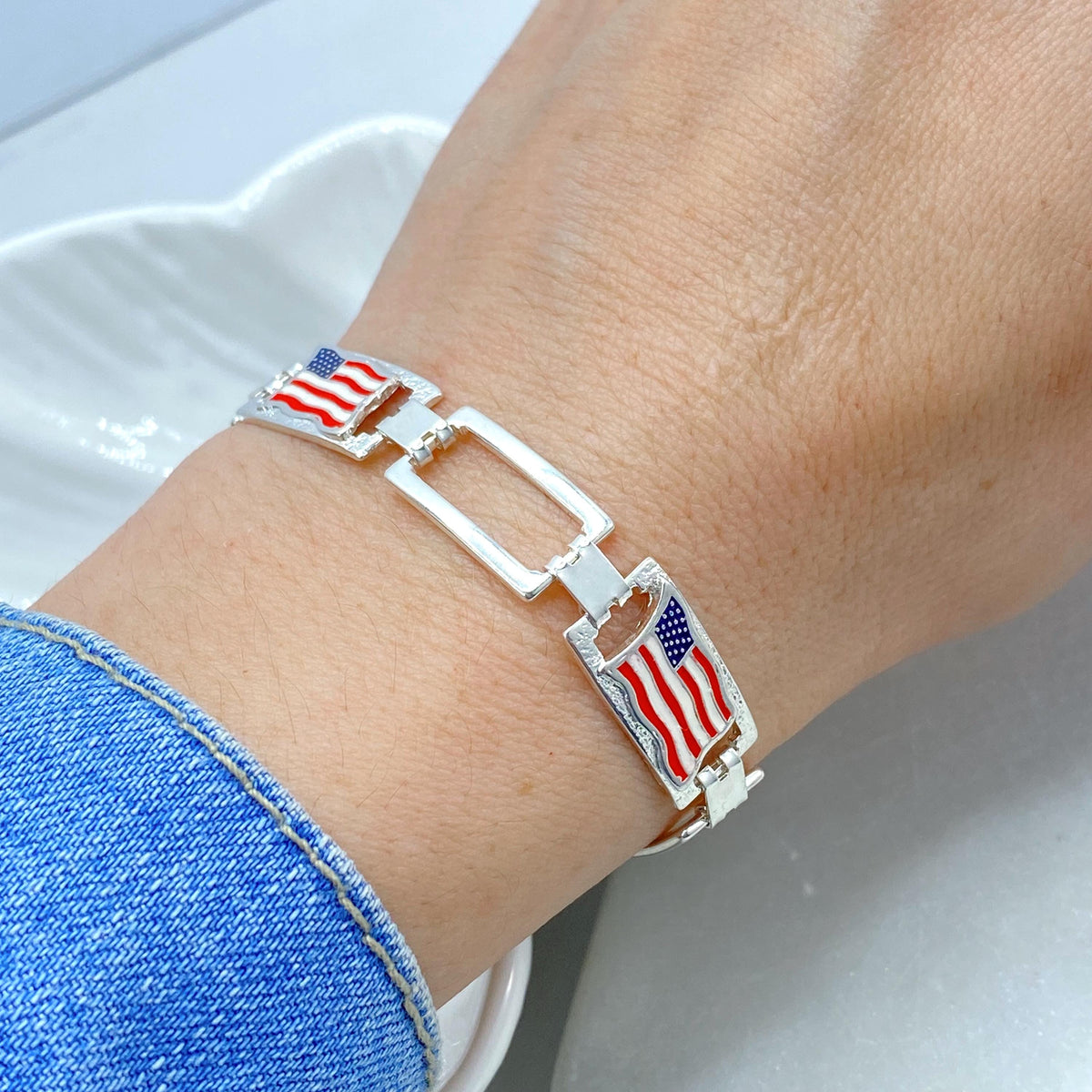 18K Gold Filled American Flag Link Bracelet, Enamel USA Rectangular