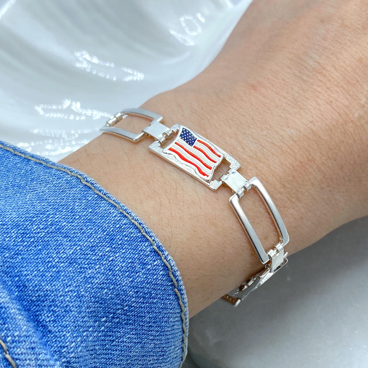 18K Gold Filled American Flag Link Bracelet, Enamel USA Rectangular
