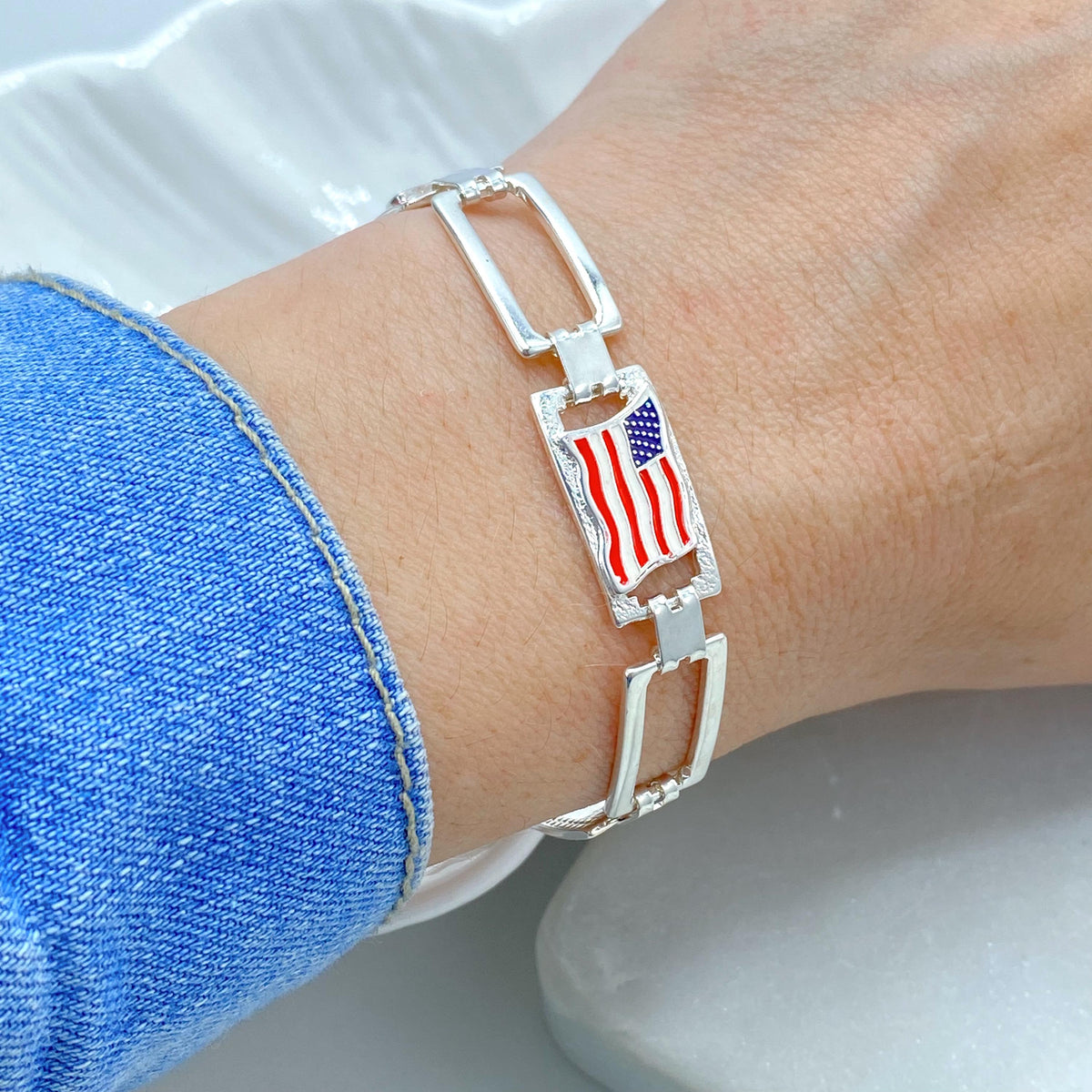 18K Gold Filled American Flag Link Bracelet, Enamel USA Rectangular