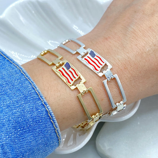 18K Gold Filled American Flag Link Bracelet, Enamel USA Rectangular