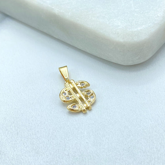 18K Gold Filled CZ Dollar Sign Pendant, Money Symbol Charm