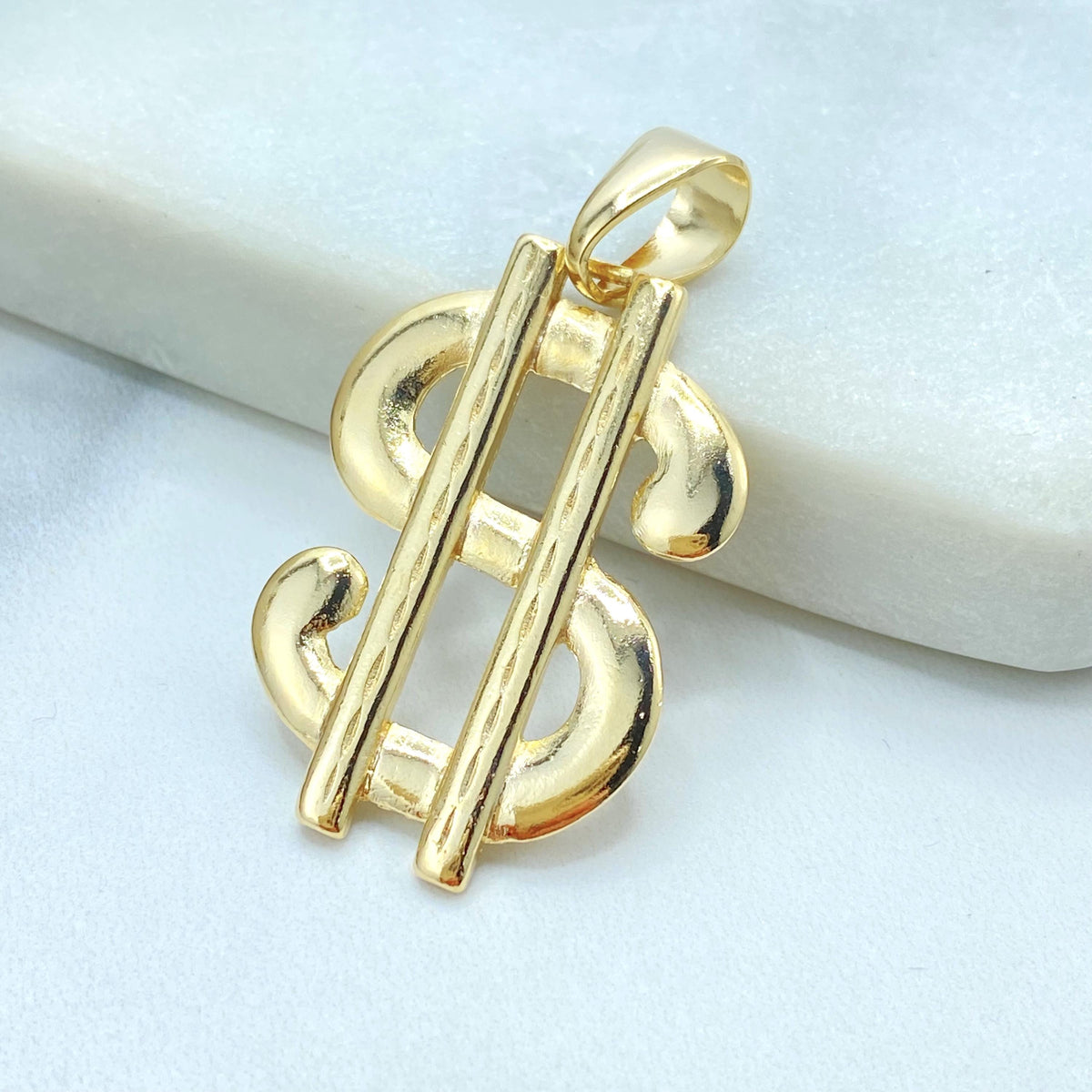 18K Gold Filled Large Dollar Sign Pendant, Polished Money Symbol