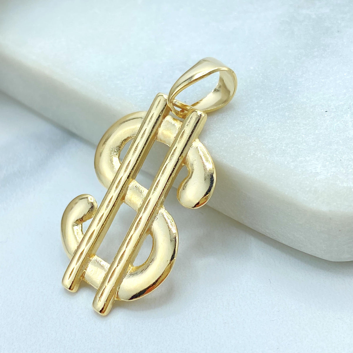 18K Gold Filled Large Dollar Sign Pendant, Polished Money Symbol