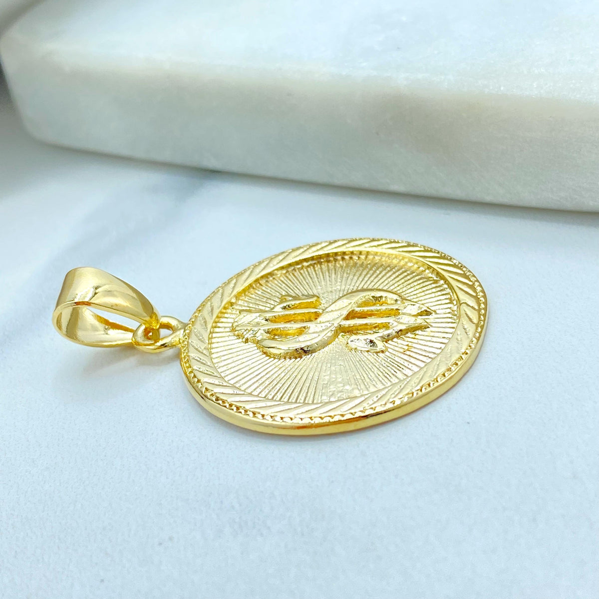 18K Gold Filled Dollar Sign Coin Pendant, Sunburst Medal Money Charm