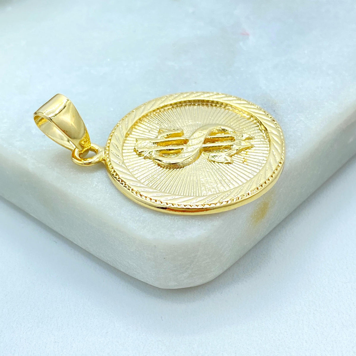 18K Gold Filled Dollar Sign Coin Pendant, Sunburst Medal Money Charm