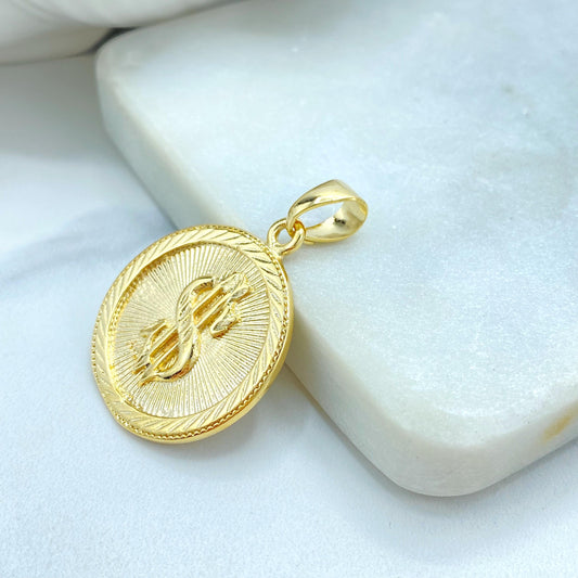 18K Gold Filled Dollar Sign Coin Pendant, Sunburst Medal Money Charm