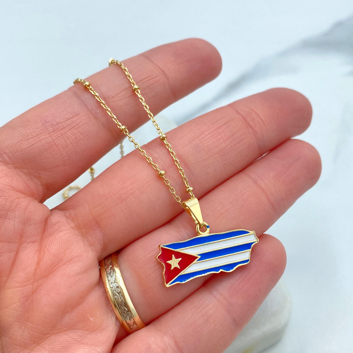 18K Gold Filled Cuba Map Pendant, Enamel Cuban Flag Island Charm