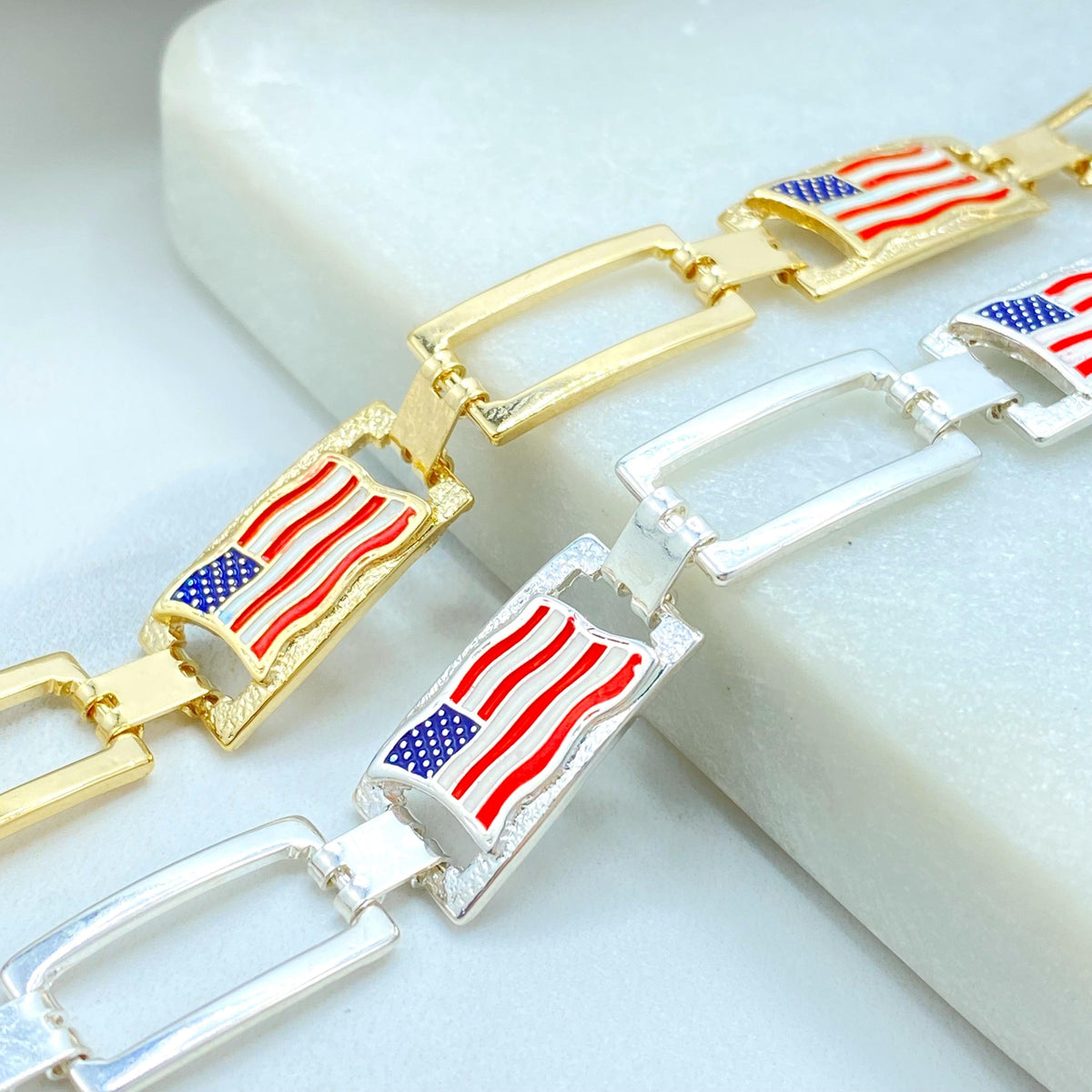 18K Gold Filled American Flag Link Bracelet, Enamel USA Rectangular