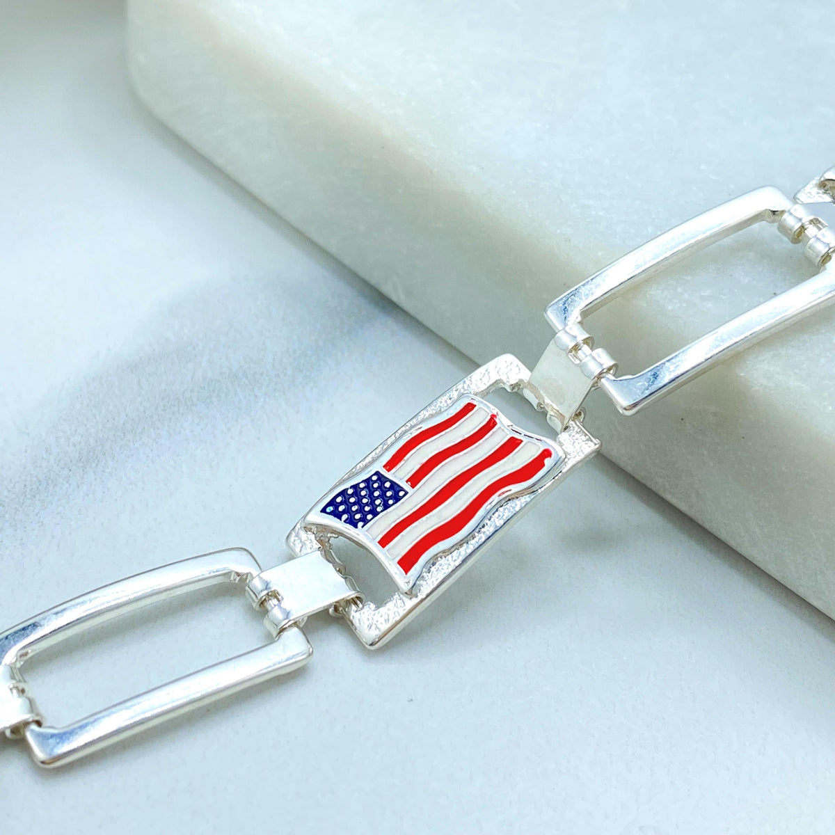 18K Gold Filled American Flag Link Bracelet, Enamel USA Rectangular
