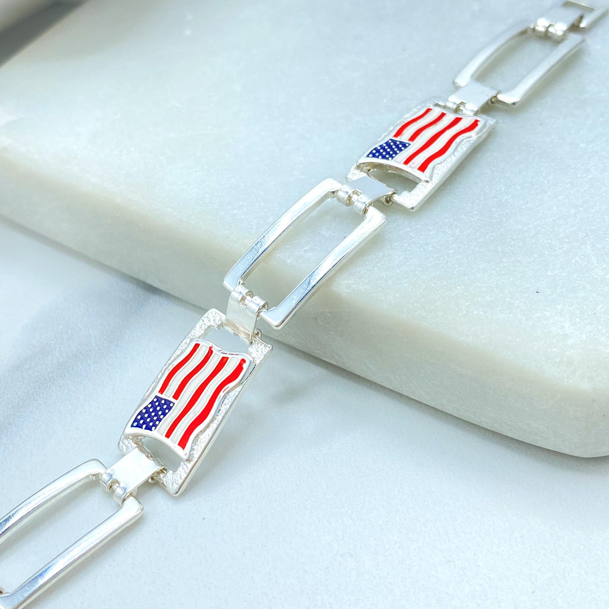 18K Gold Filled American Flag Link Bracelet, Enamel USA Rectangular