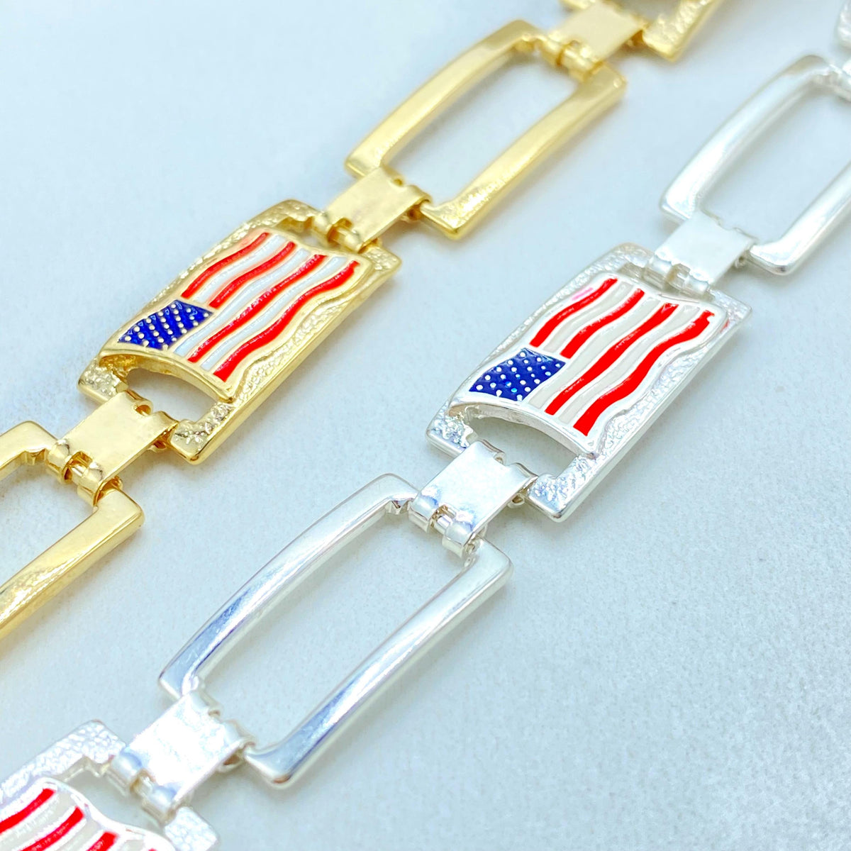 18K Gold Filled American Flag Link Bracelet, Enamel USA Rectangular