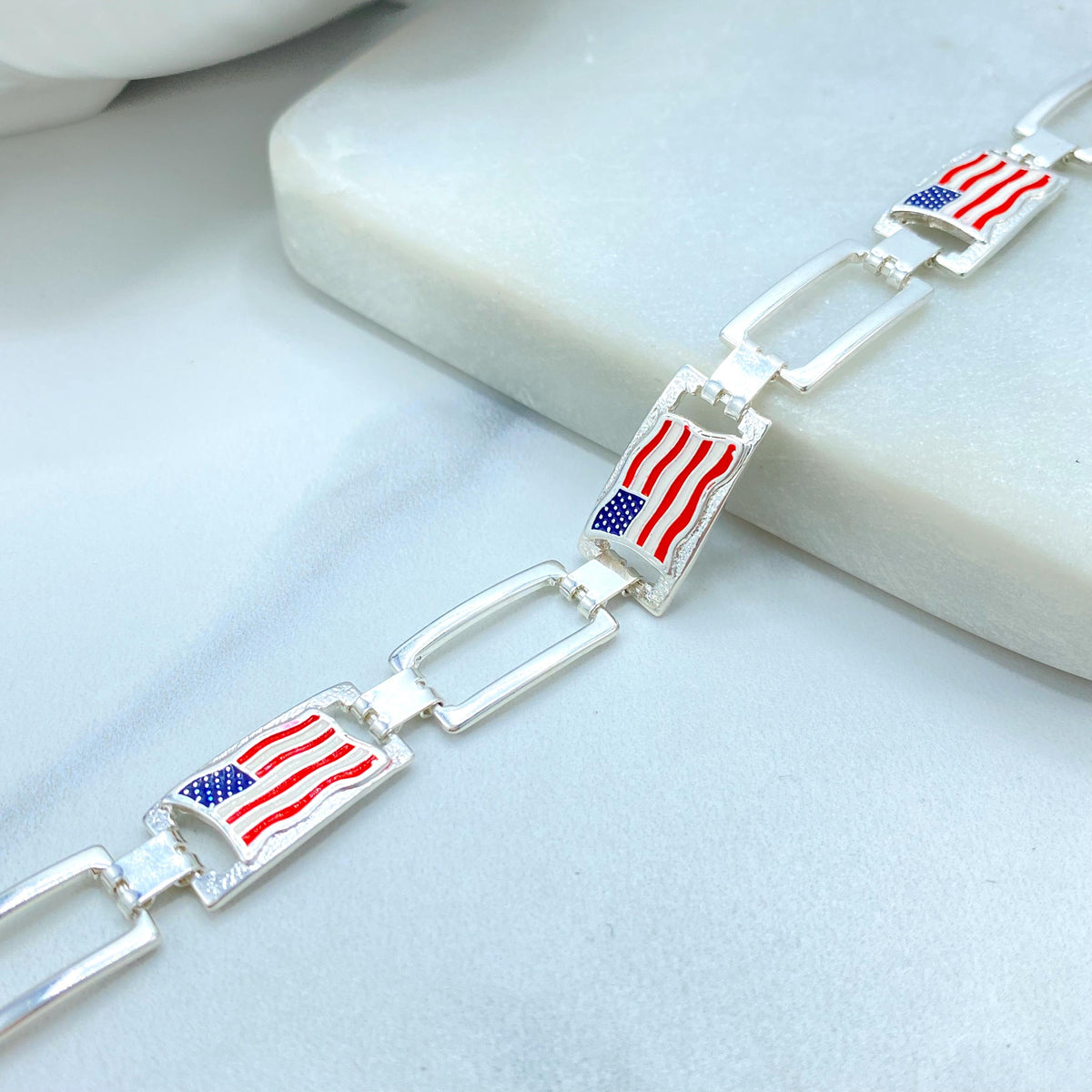 18K Gold Filled American Flag Link Bracelet, Enamel USA Rectangular